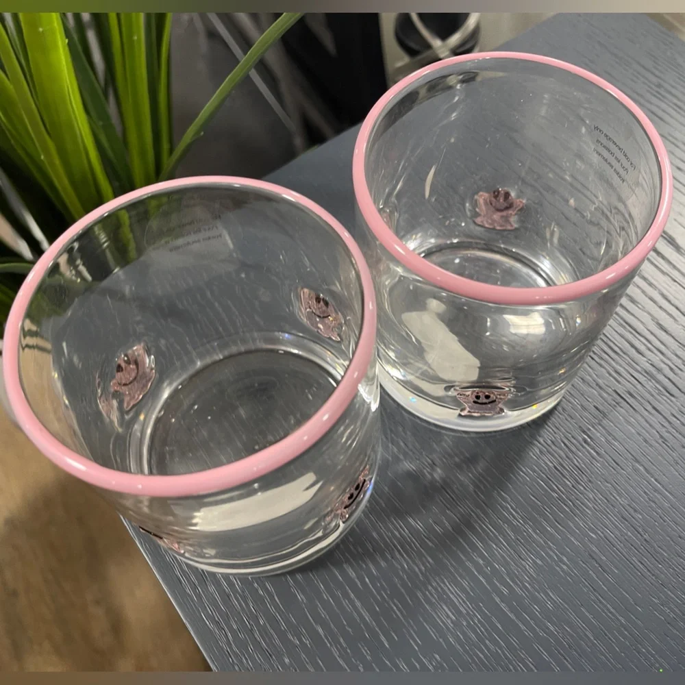 Pink Halloween Pink Ghost Lampwork Glass Embedded  Drinking Glasses Set of 2 NEW